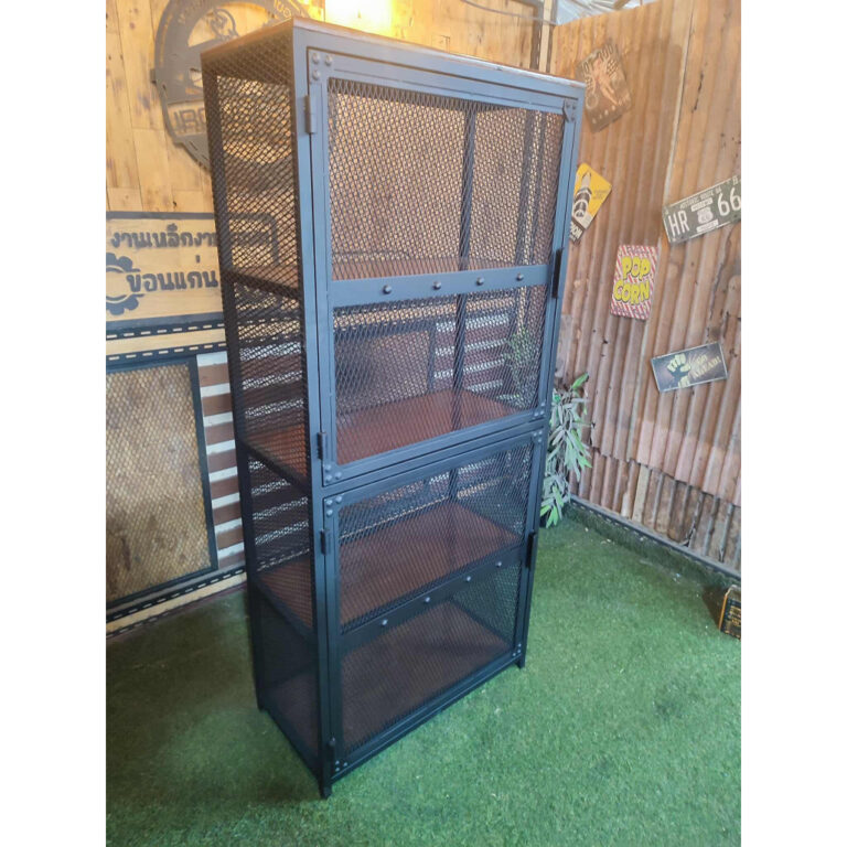 IRONSERVICE ชั้นเก็บของ 5 ชั้นท็อปไม้ประตูบานพับโครงเหล็กกันสนิมไม้แท้เคลือบเงาใส จัดส่งเร็ว