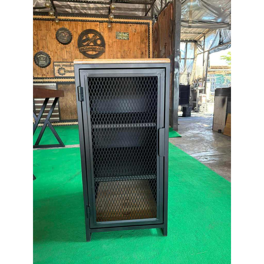 IRONSERVICE ตู้เก็บของ4ชั้นบานพับโครงเหล็กกันสนิม ไม้แท้เคลือบเงาใส จัดส่งเร็ว