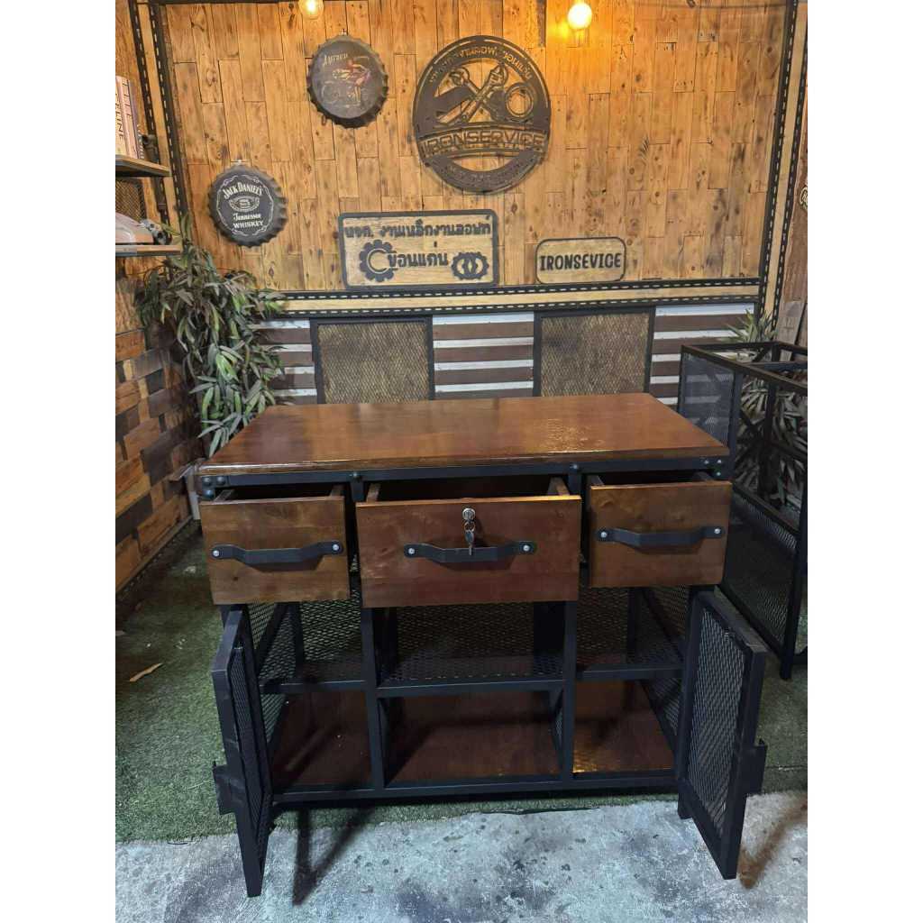 IRONSERVICE เคาน์เตอร์เก็บของมีลิ้นชักและบานพับโครงเหล็กกันสนิม ไม้แท้เคลือบเงาใส จัดส่งเร็ว