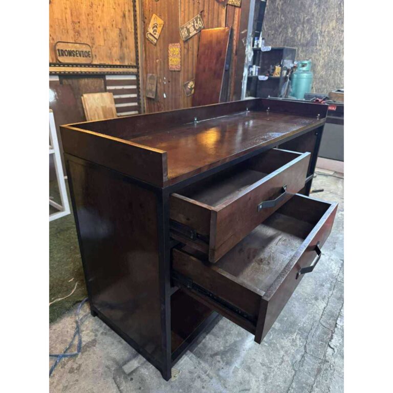 IRONSERVICE เคาน์เตอร์เก็บของมีลิ้นชักโครงเหล็กกันสนิม ไม้แท้เคลือบเงาใส จัดส่งเร็ว