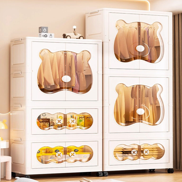 HOGO ตู้เสื้อผ้าเด็ก ตู้ใส่เสื้อผ้า รูปหมีการ์ตูน กันฝุ่นและกันน้ำ ความจุสูง แผงประตูแม่เหล็ก