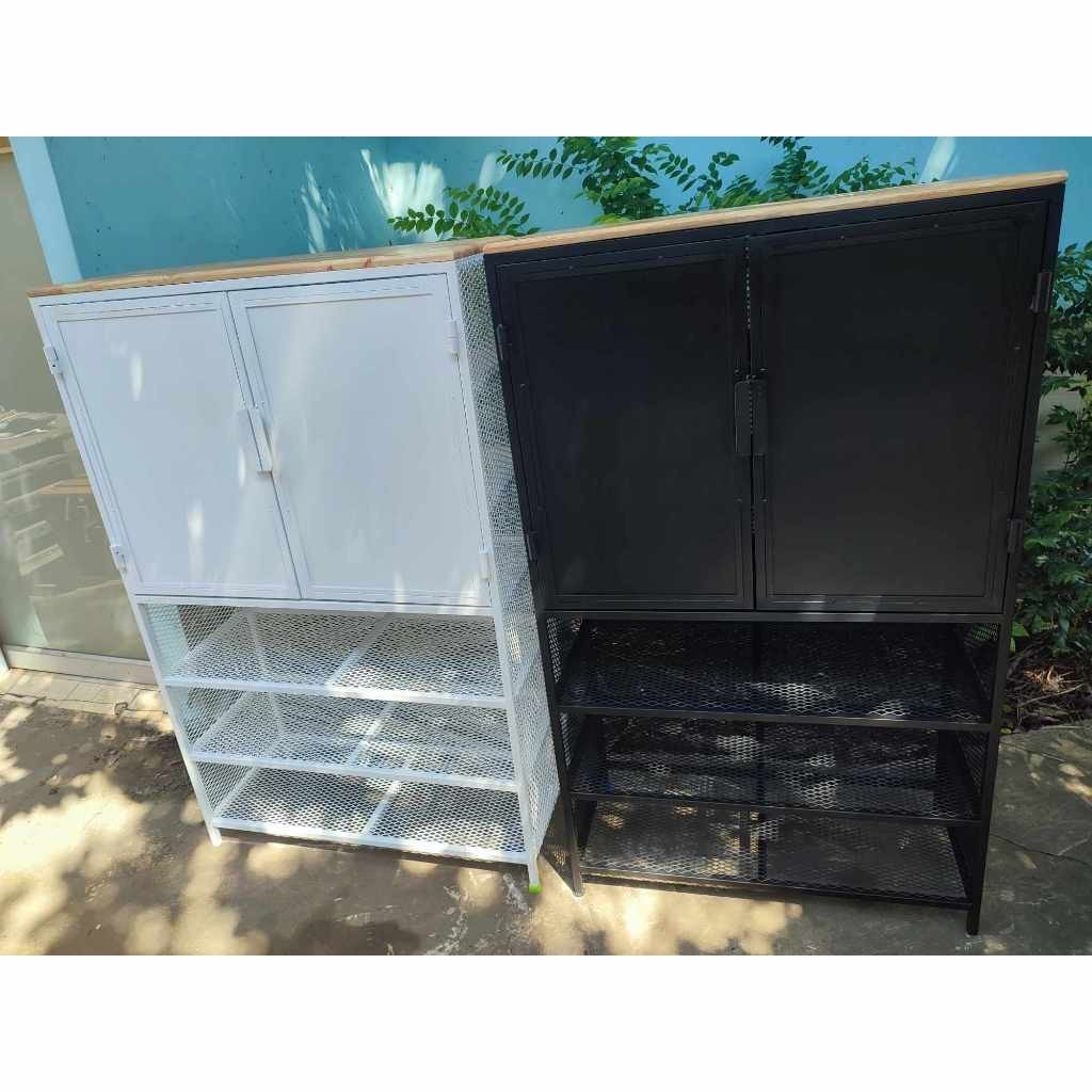 IRONSERVICE ชั้นวาง 7 ชั้นมีบานพับ มีให้เลือก 2 สีโครงเหล็กกันสนิมไม้แท้เคลือบเงาใสจัดส่งเร็ว