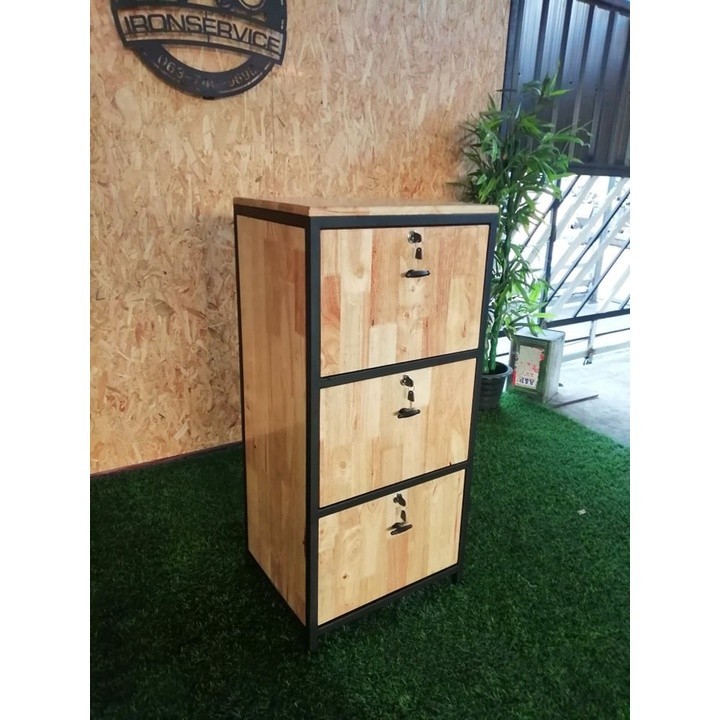 IRONSERVICE ตู้แบบทึบเก็บของ 3 ช่องแบบลิ้นชักโครงเหล็กกันสนิม ไม้แท้เคลือบเงาใส จัดส่งเร็ว