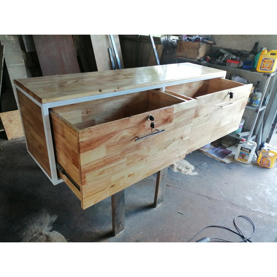 IRONSERVICE กล่องไม้โครงเหล็กมีลิ้นชักโครงเหล็กกันสนิม ไม้แท้เคลือบเงาใส จัดส่งเร็ว