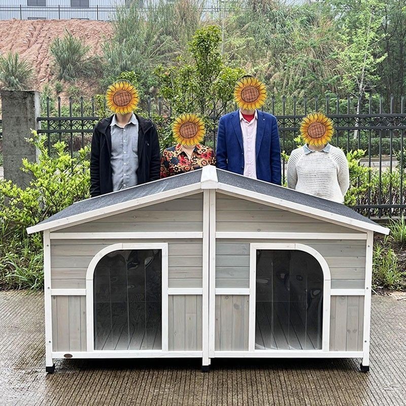 บ้านสุนัขกลางแจ้ง ไม้เนื้อแข็ง ประตูคู่ วิลล่าสัตว์เลี้ยง กรงสุนัขกันฝน กรงสุนัข