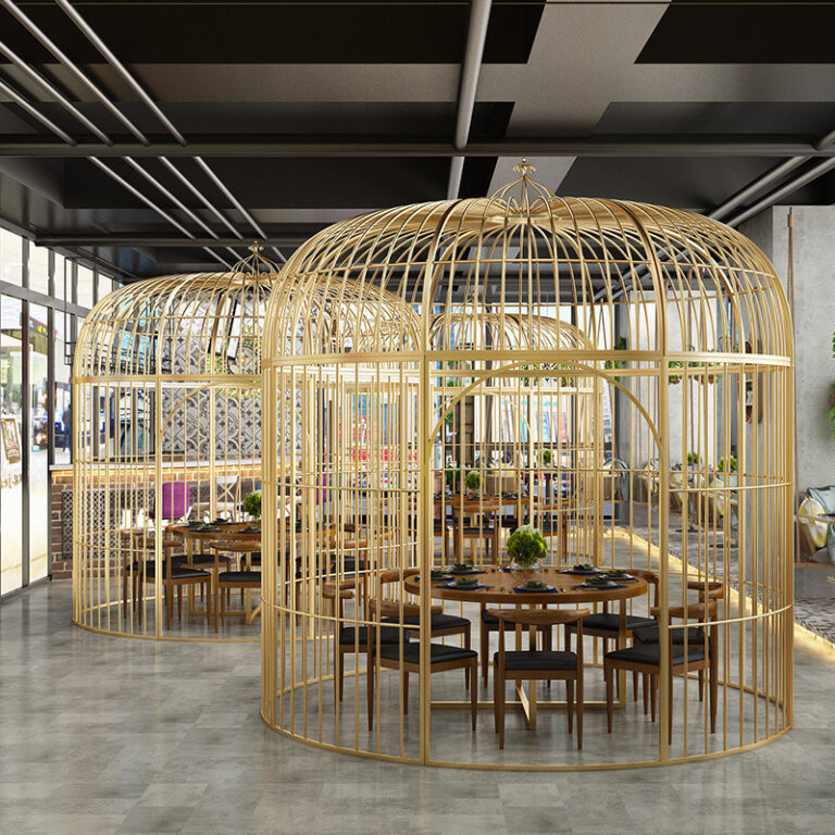 คาแนะนายอดนิยม สไตล์ยุโรปกรงนกเหล็กผู้ถือบัตรร้านอาหารที่เดินทางมาพักผ่อนที่นั่งโต๊ะเก้าอี้ห้างสรรพสินค้าตกแต่ง กระโจม โลหะออกแบบท