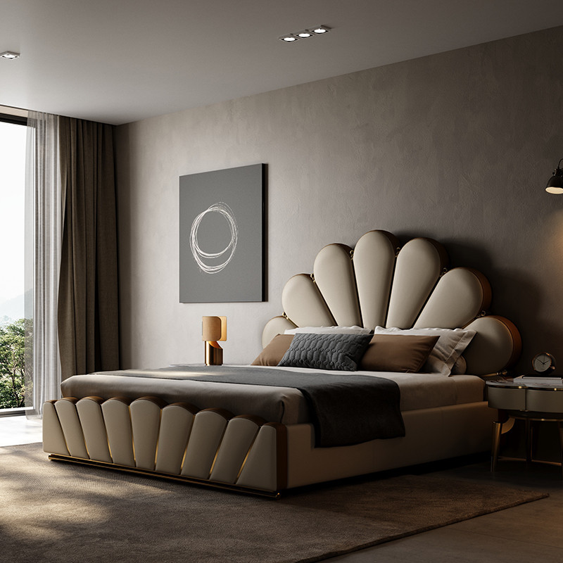 Charm Master Italian Minimalist Bed อพาร์ทเมนต์ขนาดใหญ่ Villa Master Bed HighEnd Luxury Design Light Luxury ของแท้หนังเตียงคู่