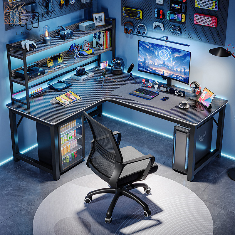 โต๊ะเล่นเกมอีสปอร์ตรูปตัวแอล โต๊ะคาร์บอนไฟเบอร์ เหมาะสำหรับการเล่นเกมและใช้ในสำนักงาน แข็งแรงทนทาน