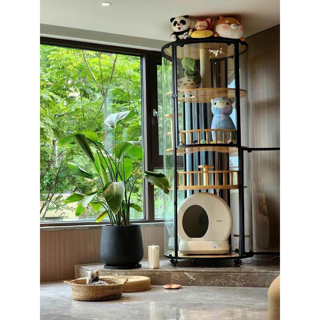 ขนาดใหญ่ทรงกระบอกแมววิลล่าพาโนรามาสี่ชั้นที่สามารถเคลื่อนย้ายบ้านแมวบ้านแมวบ้านแมวไม้เนื้อแข็งกรงแมว