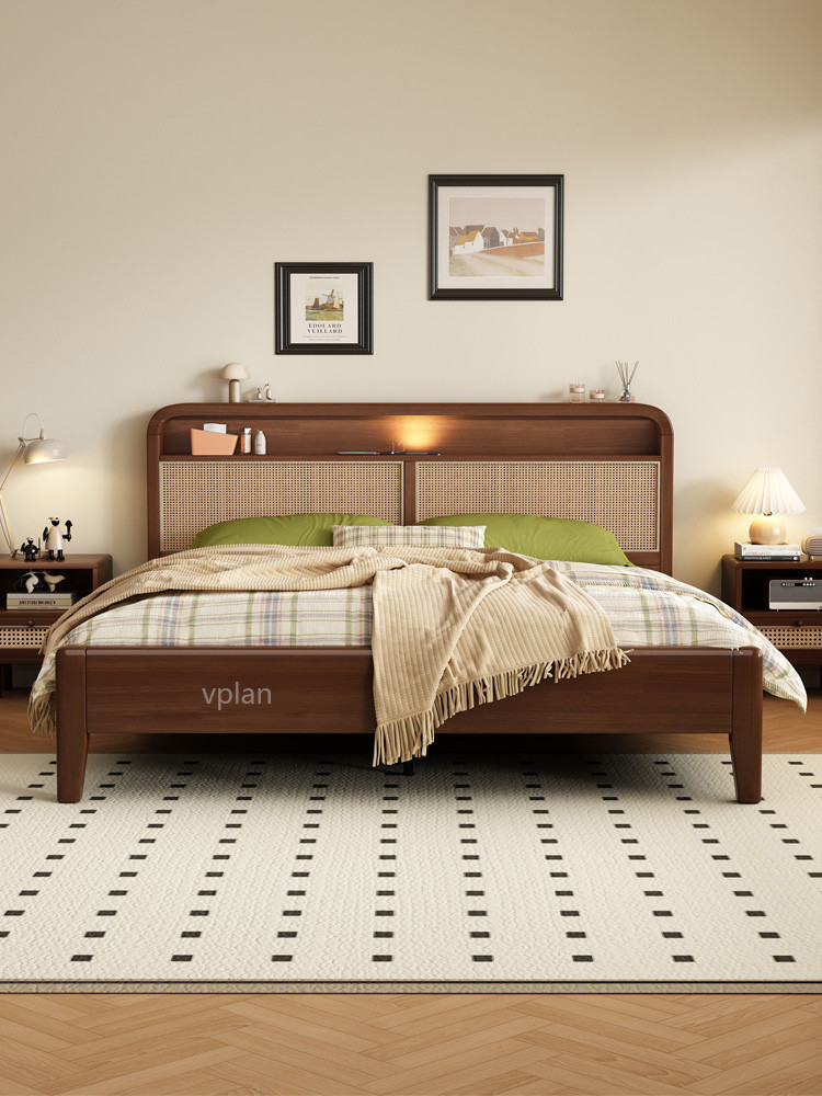 เตียง 18m sabi Preorder Wrap หวาย Wabi สไตล์ไม้ Nordic ทอเตียงคู่โมเดิร์นเรียบง่ายสไตล์โบราณเตียงห้องนอนใหญ่