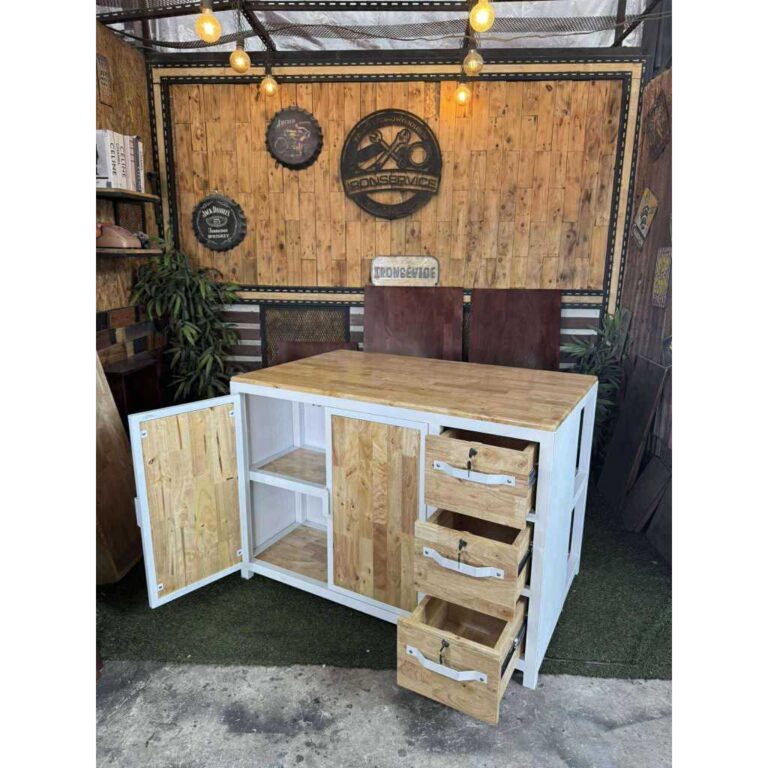 IRONSERVICE ตู้เก็บของ 3 ชั้น บานพับลิ้นชัก มีชั้นวางด้านหลังเหล็กกันสนิม ไม้แท้เคลือบเงาใส