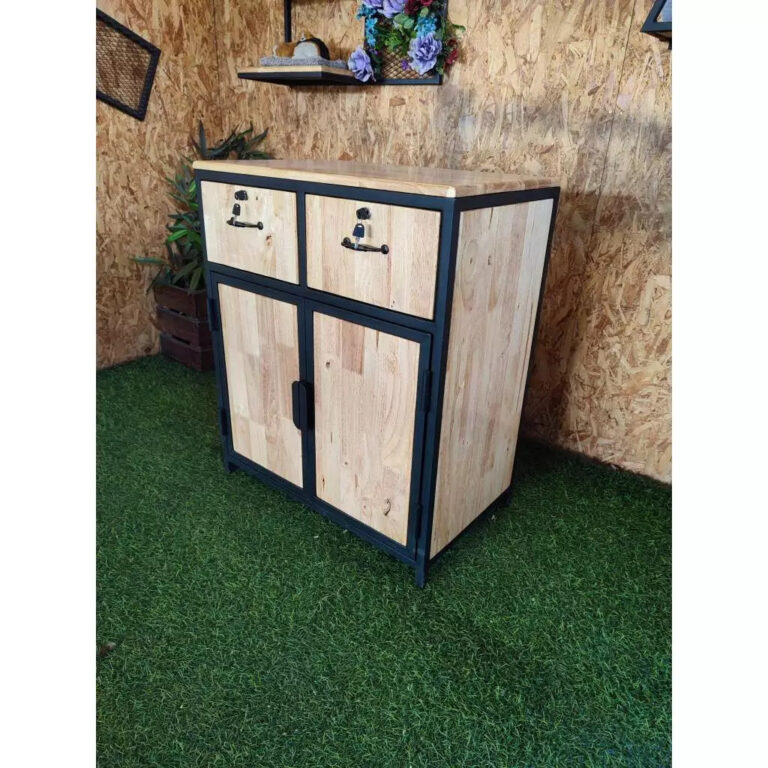 IRONSERVICE ตู้เก็บของ แบบลิ้นชัก ท็อปไม้โครงเหล็กกันสนิม ไม้แท้เคลือบเงาใส จัดส่งเร็ว