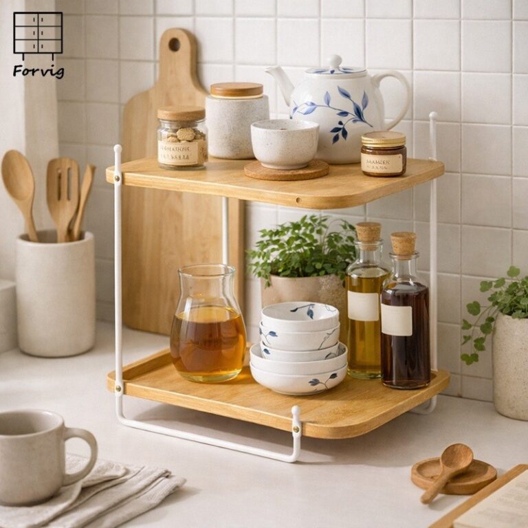 Forvig3130385CMชั้นไม้สองชั้น ชั้นวางของไม้สองชั้น โครงเหล็กแข็งแรง ประหยัดพื้นที่ สามารถวางชุดชาและเครื่องปรุงได้