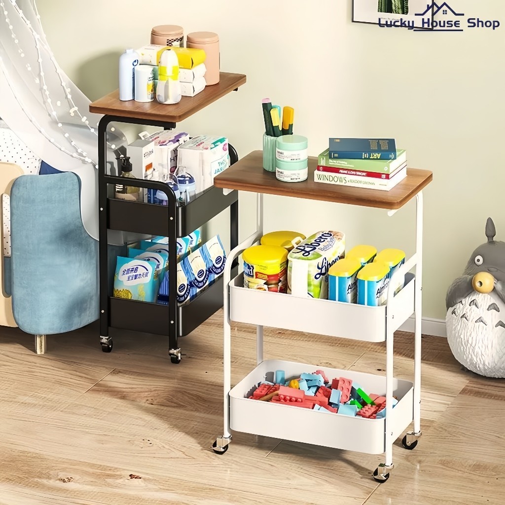 ชั้นวางของเหล็ก มีล้อ ชั้นรถเข็น สีพาสเทล รูปงานจริง ใช้งานได้เอนกประสงค์ ใช้วางในครัว ใช้วางหนังสือ โครงเหล็ก กันสนิม