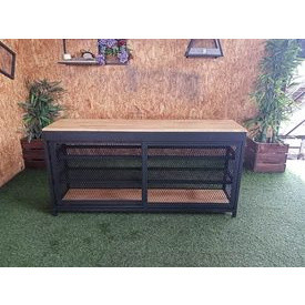 IRONSERVICE ชั้นวางของบานสไลด์ 4 ชั้น ท็อปไม้และตะแกรง ทำจากเหล็กกันสนิม ไม้แท้เคลือบเงาใส