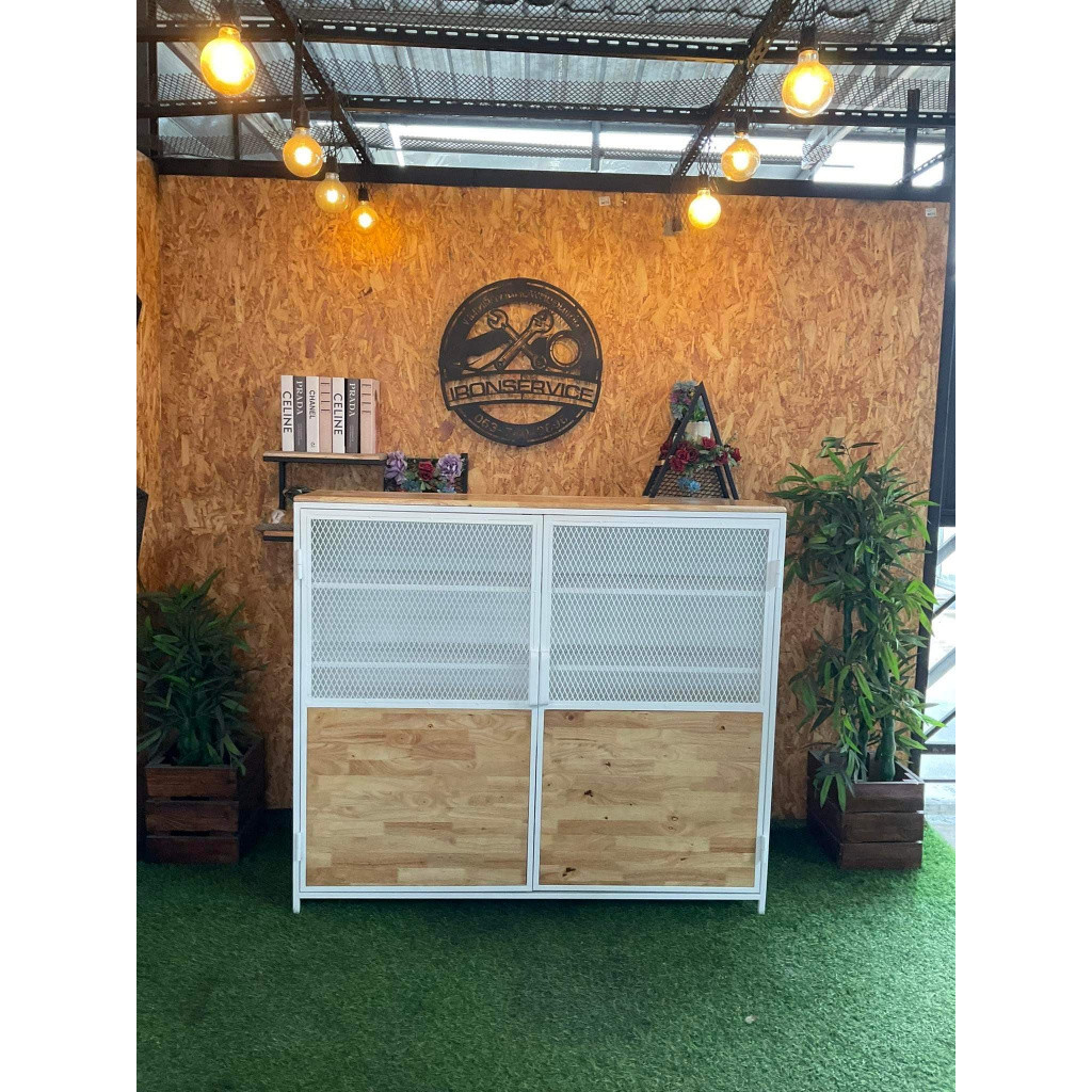 IRONSERVICE ตู้เก็บของ 6 ชั้น บานพับ ท็อปไม้โครงเหล็กกันสนิม ไม้แท้เคลือบเงาใส จัดส่งเร็ว