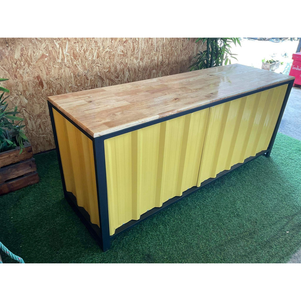 IRONSERVICEเคาท์เตอร์ มีช่องเก็บของประตูบานไสลด์โครงเหล็กกันสนิมไม้แท้เคลือบเงาใส จัดส่งเร็ว