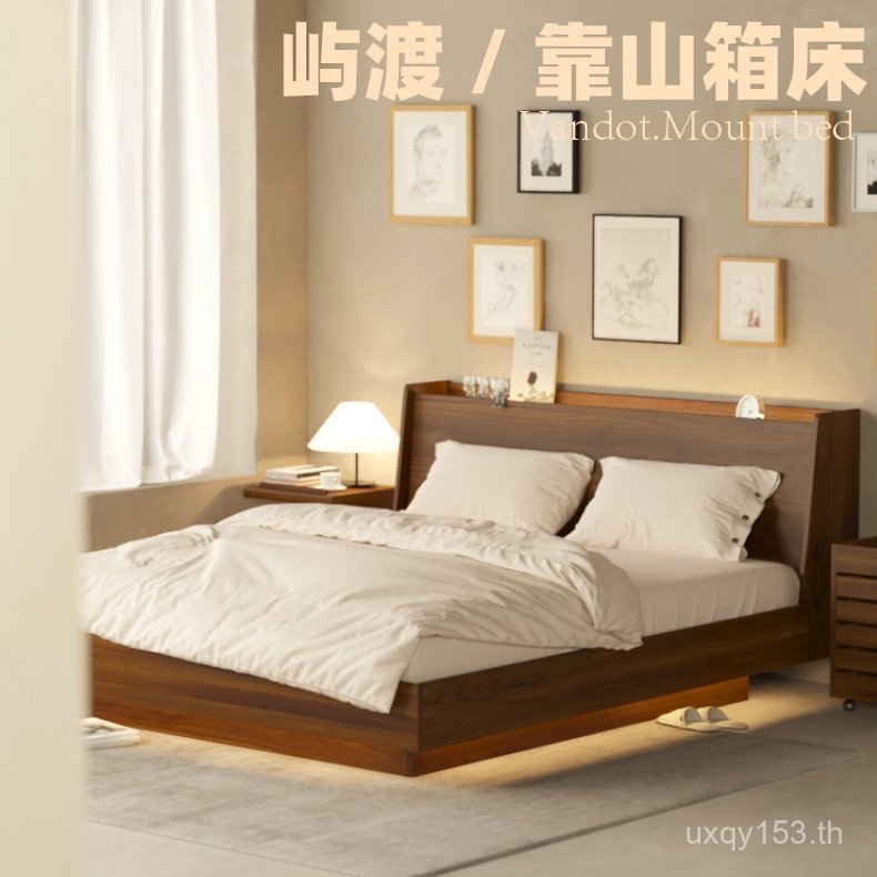 Bedsideless RetroCherry Wood BackerIsland Bed Suspended Tata กล่องเก็บไม้เนื้อแข็งเต็มรูปแบบ IL วอลนัทสีดากล่องเตียง JCQT