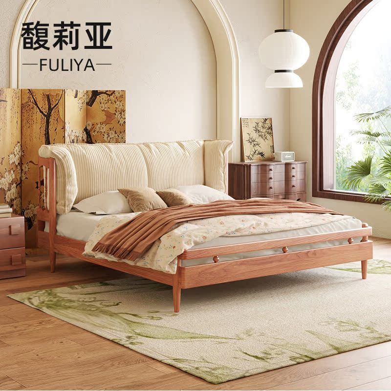 Fulia Cherry ไม้เนื้อแข็ง Nordic Log สไตล์เตียงคู่อพาร์ทเมนท์ขนาดเล็กห้องนอน Master Influencer Retro Lonely ผ้าบรรเทานุ่ม