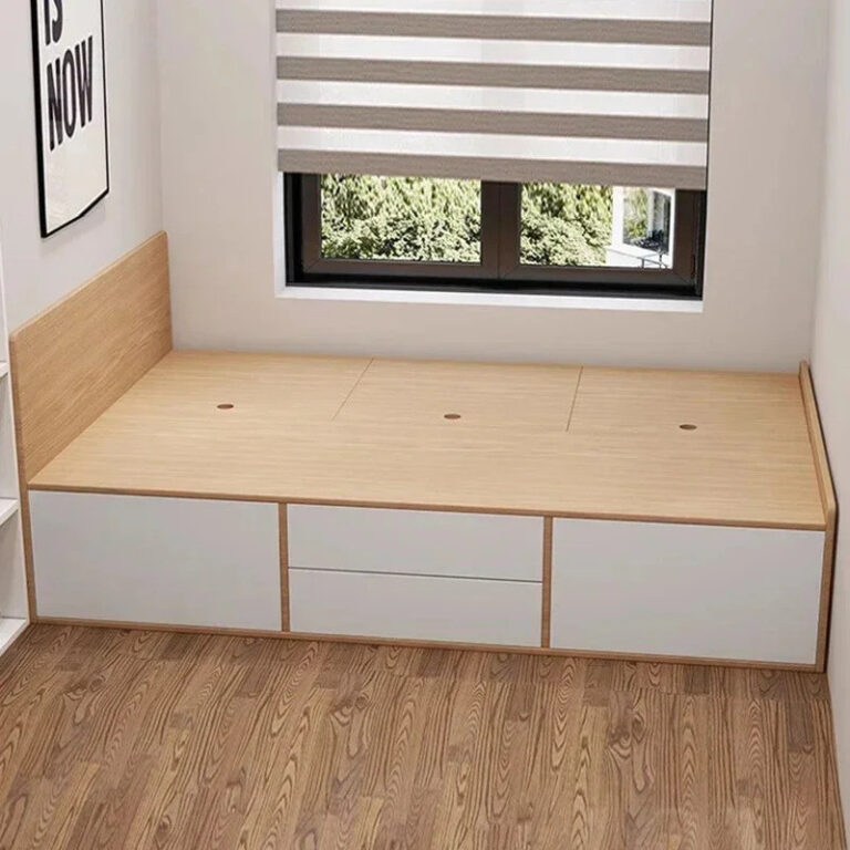 เตียงคู่พร้อมลิ้นชักเก็บของ การออกแบบไม้สีขาว เฟอร์นิเจอร์ห้องนอนนอร์ดิก มือราคาไม่แพงสาหรับหอพัก