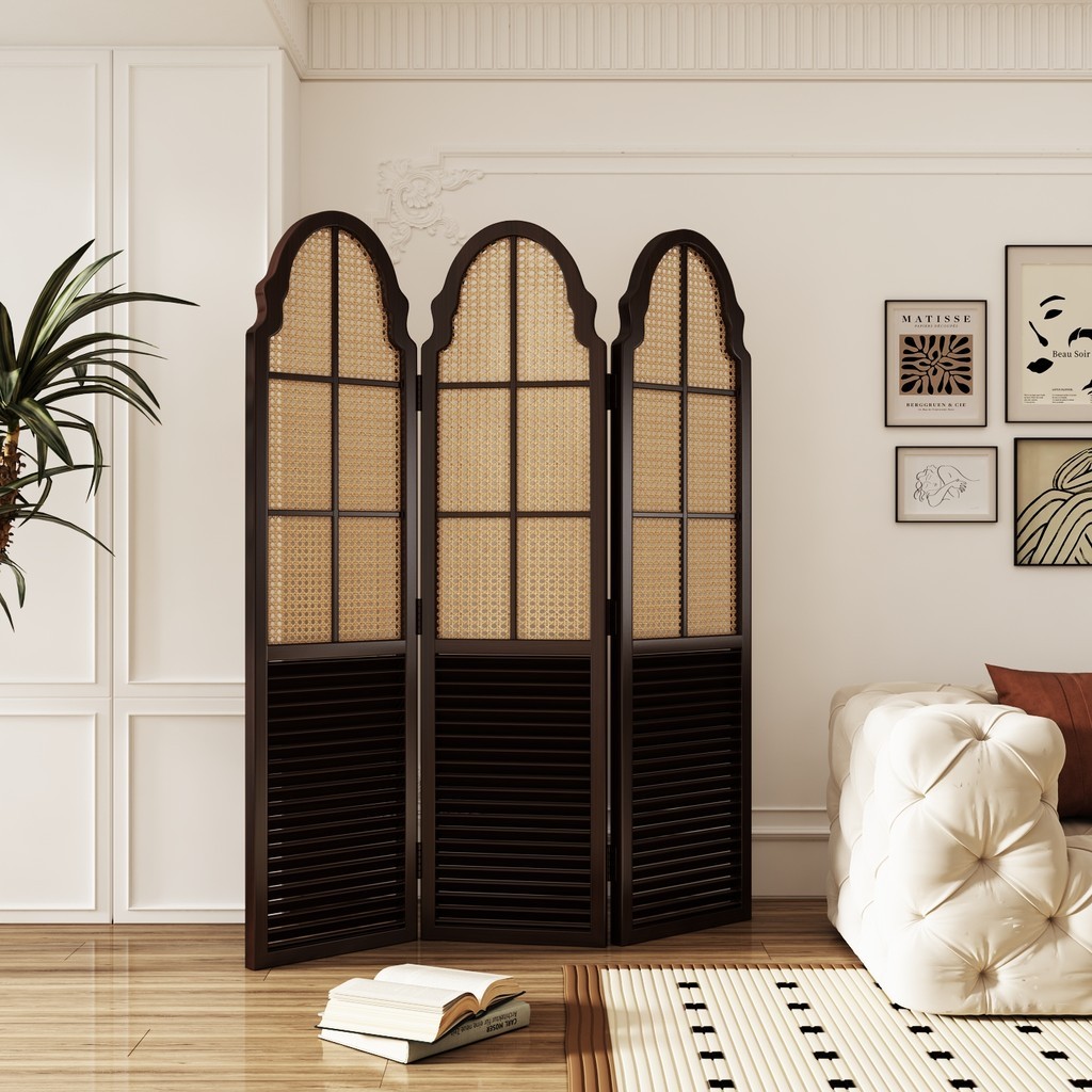 อเมริกันย้อนยุคฝรั่งเศสหน้าจอพาร์ทิชันห้องนั่งเล่นโรงแรมตกแต่งหวายมือถือปิดกั้นทางเข้าพับหน้าจอพับไม้เนื้อแข็ง