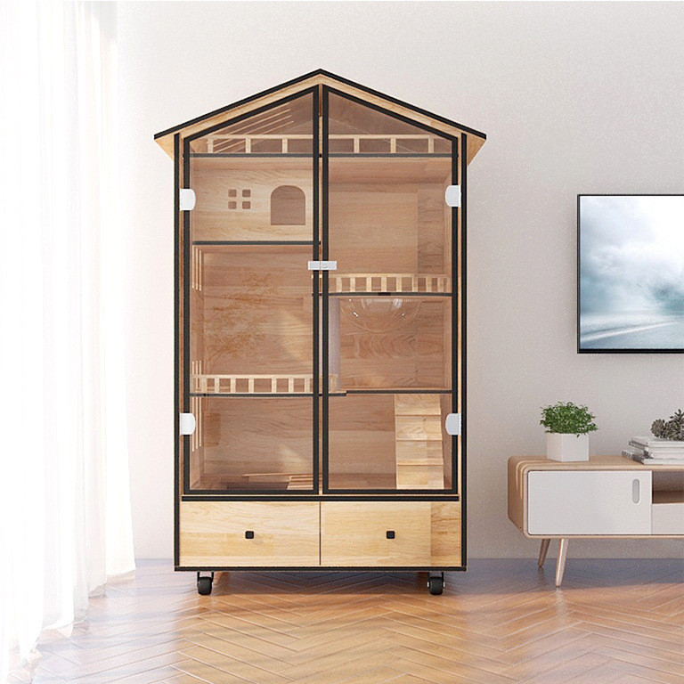 มัลติฟังก์ชั่แมววิลล่าไม้เนื้อแข็งครัวเรือนแมวตู้แมวบ้านเพาะพันธุ์กรงสองชั้นกรงแมวบ้านแมวครอกเลเดพืช