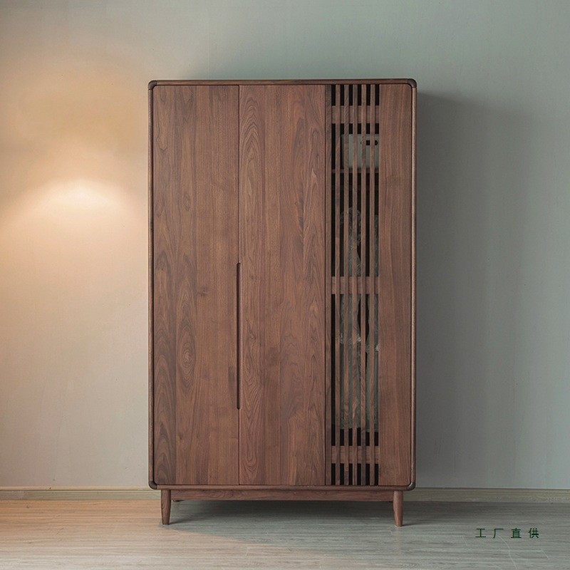 ตู้เสื้อผ้าไม้เนื้อแข็งบริสุทธิ์ North American Black Walnut Nordic Simple Small Apartment Japanese Grille Gate Cherry Wood Modern Order