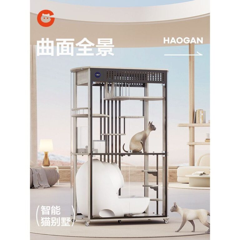 วิลล่าแมวพาโนรามากระจกหรูหราห้องแมวขนาดใหญ่สไตล์ใหม่กรงแมวบ้านแมวตู้แมวในครัวเรือนสามารถถือกล่องครอกแมวอัตโนมัติ