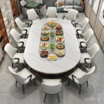 โต๊ะหม้อไฟ โต๊ะหมุนไฟฟ้า 18 กระดานชนวน ไม้แข็ง ผู้ชาย ใหม่จีนโต๊ะรับประทานอาหาร ผู้ชาย 20 รูปสี่เหลี่ยมผืนผ้าใหม่จีนรูปไข่ โค้งคานับ