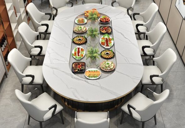 โต๊ะหม้อไฟ โต๊ะหมุนไฟฟ้า 18 กระดานชนวน ไม้แข็ง ผู้ชาย ใหม่จีนโต๊ะรับประทานอาหาร ผู้ชาย 20 รูปสี่เหลี่ยมผืนผ้าใหม่จีนรูปไข่ โค้งคานับ