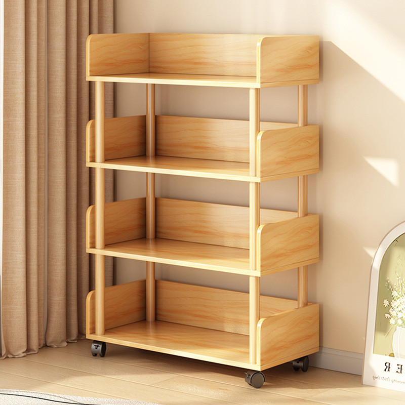 ชั้นวางหนังสือมือถือชั้นชั้นชั้นเก็บผนังแบบบูรณาการครัวเรือนล้อขนมขบเคี้ยวชั้นวางพาร์ทิชันที่เรียบง่าย