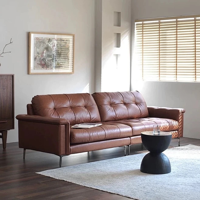 Dianmju Nebula โซฟาขี้ผึ้งน้ามันเต็มรูปแบบหนังวัวชั้นแรกห้องนั่งเล่นอพาร์ทเมนต์ขนาดเล็กโซฟาหนังย้อนยุคสามที่นั่ง