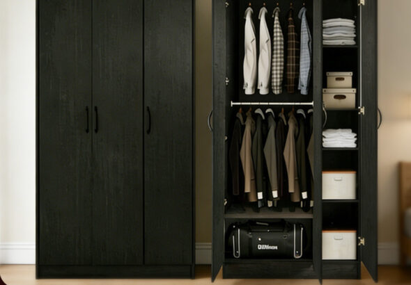 ORDORA ตู้เสื้อผ้า 3 บาน ประตูดำ ลายไม้ธรรมชาติ ขนาด 170 ซม พร้อมราวแขวนและช่องเก็บของ จัดเต็มทุกการจัดเก็บ