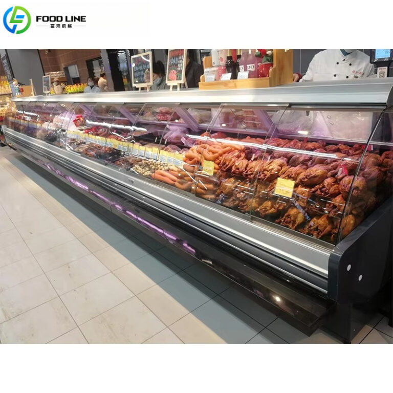 ตู้โชว์เค้กแบบโค้งกระจกโค้งพร้อมไฟ LED สำหรับร้านเบเกอรี่และร้านขนมหวาน สามารถปรับแต่งได้ตามต้องการ