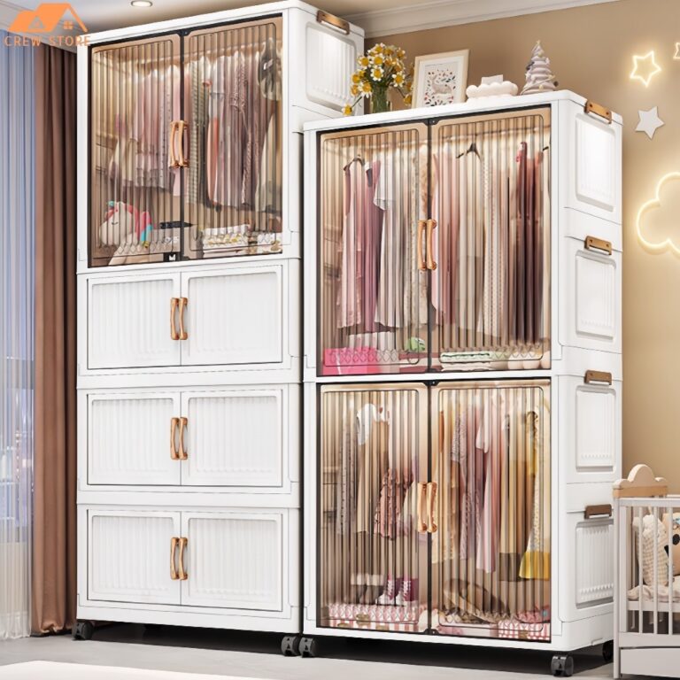 ตู้เสื้อผ้าเด็ก ตู้เก็บของพลาสติกอเนกประสงค์ พับเก็บได้และวางซ้อนกันได้ มีล้อ กันฝุ่นและกันความชื้น