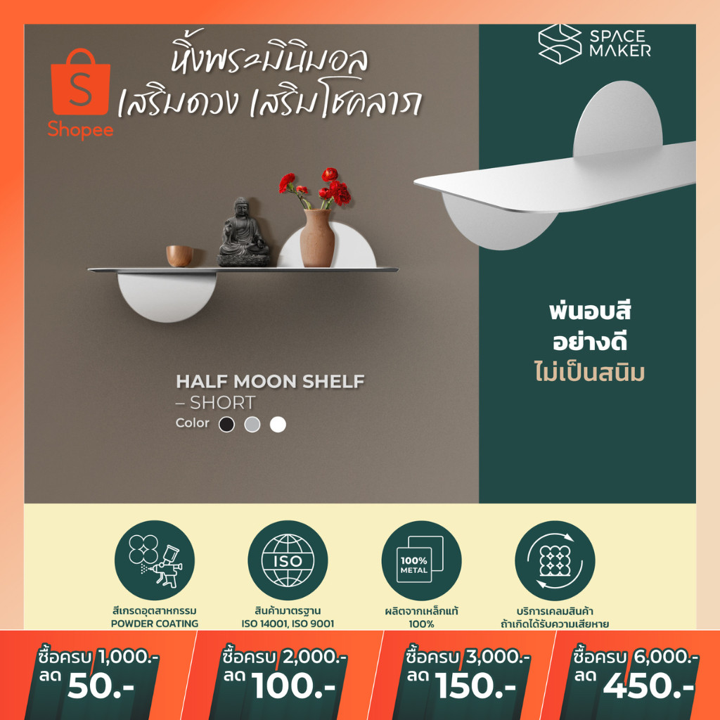 ขายดีมาก ชั้นวางของมินิมอล ชั้นเหล็กวางของติดผนัง ไซส์ S ทรงพระจันทร์ครึ่งดวง เสริมดวง ถูกหลักฮวงจุ้ย Half Moon S